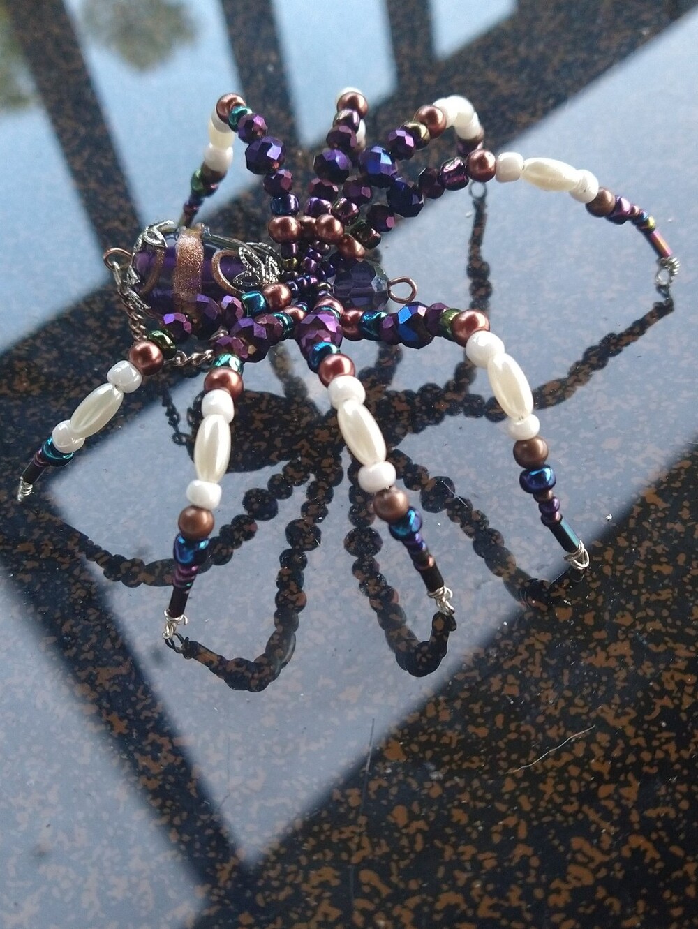 Hand Crafted • Beaded Spider Pendant Necklace - Purple, Brown & Pearl - Picture 12 of 12
